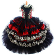 Victorian-Inspired Red and Black Lace Dog Trailing Dress Gothic Pet Gown Clinoline 