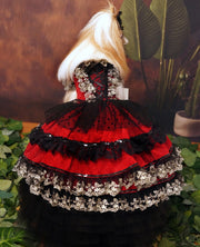 Victorian-Inspired Red and Black Lace Dog Trailing Dress Gothic Pet Gown Clinoline 