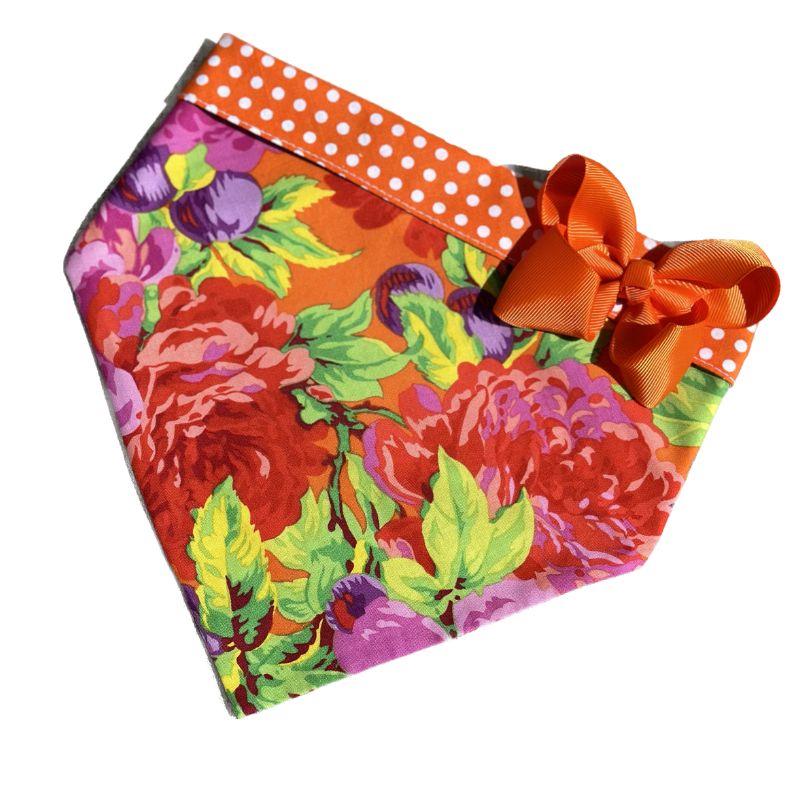 Orange & Pink Flowers Bandana Dog Collar With Bow - Southlake Paws