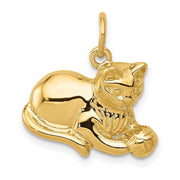 14k Yellow Gold 2D Cat and Ball Charm or Pendant