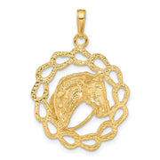 14k Yellow Gold Horse Head and Horseshoe Wreath Pendant, 24mm