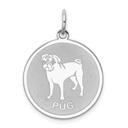 Sterling Silver Laser Etched Pug Dog Pendant, 19mm