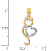 14k Two Tone Gold Cat and Heart Silhouette Pendant, 11 x 26mm