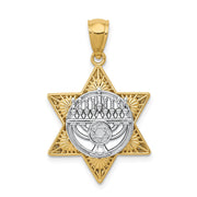 14k Two Tone Gold 3D Star of David & Menorah Pendant, 17 x 27mm
