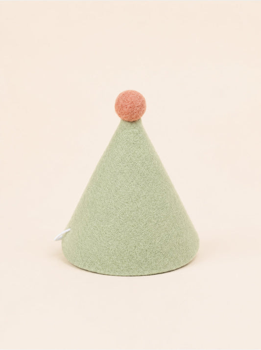 Green felt party hat with a pink pom-pom on top, designed for pets by Southlake Paws.