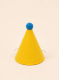 Load image into Gallery viewer, Yellow felt party hat with a blue pom-pom on top and elastic straps for secure wear. Ideal for pet celebrations.
