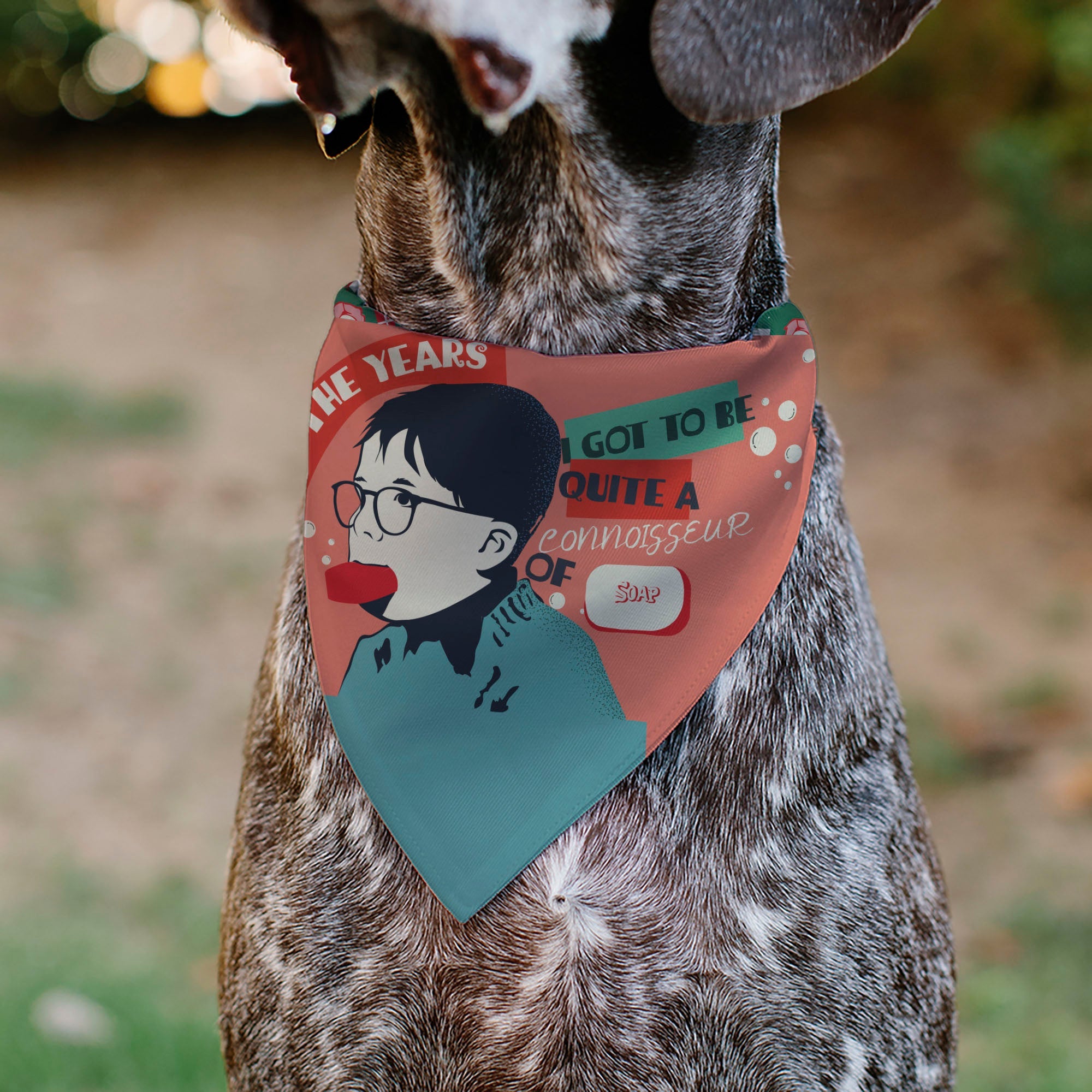 Pet Bandana - A CHRISTMAS STORY Icons and Title Logo Collage Greens/Reds