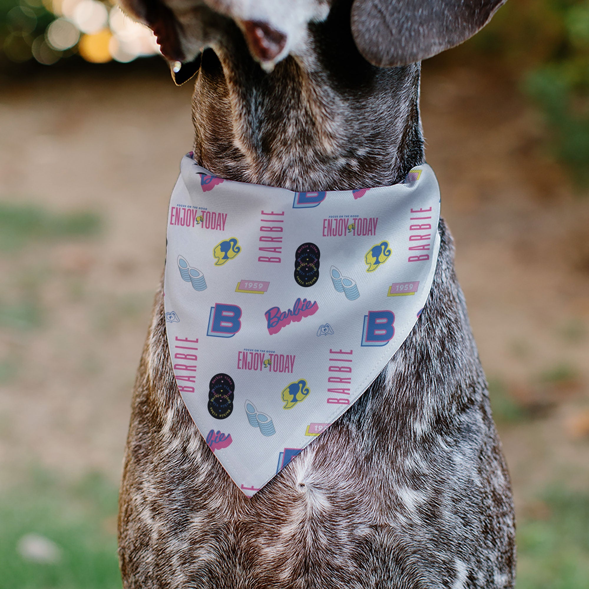 Pet Bandana - BARBIE ENJOY TODAY Text and Icons Collage White/Pinks/Blues