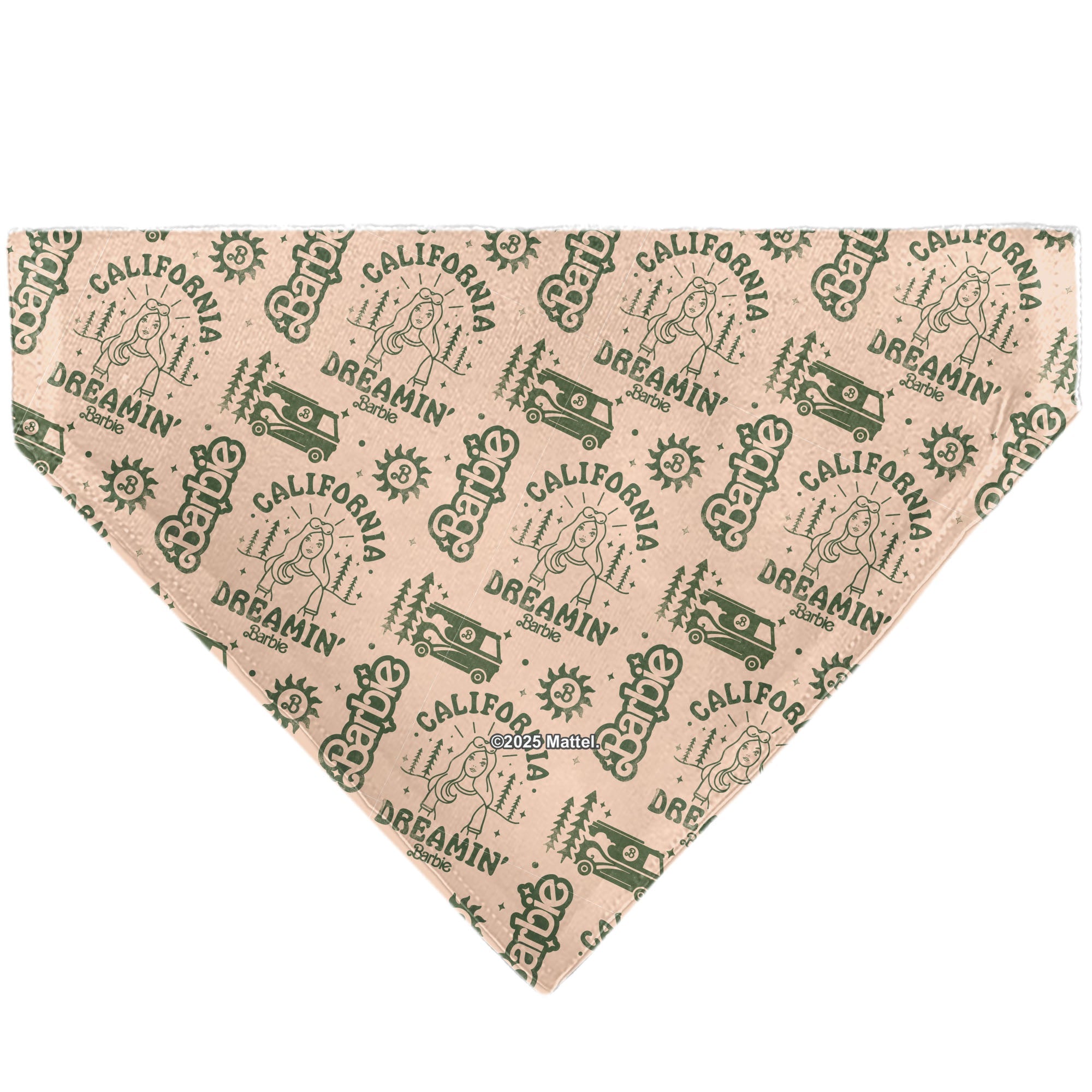 Pet Bandana - CALIFORNIA DREAMIN BARBIE Icons Collage and Script Peach/Olive