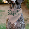Load image into Gallery viewer, Pet Bandana - CALIFORNIA DREAMIN BARBIE Icons Collage and Script Peach/Olive
