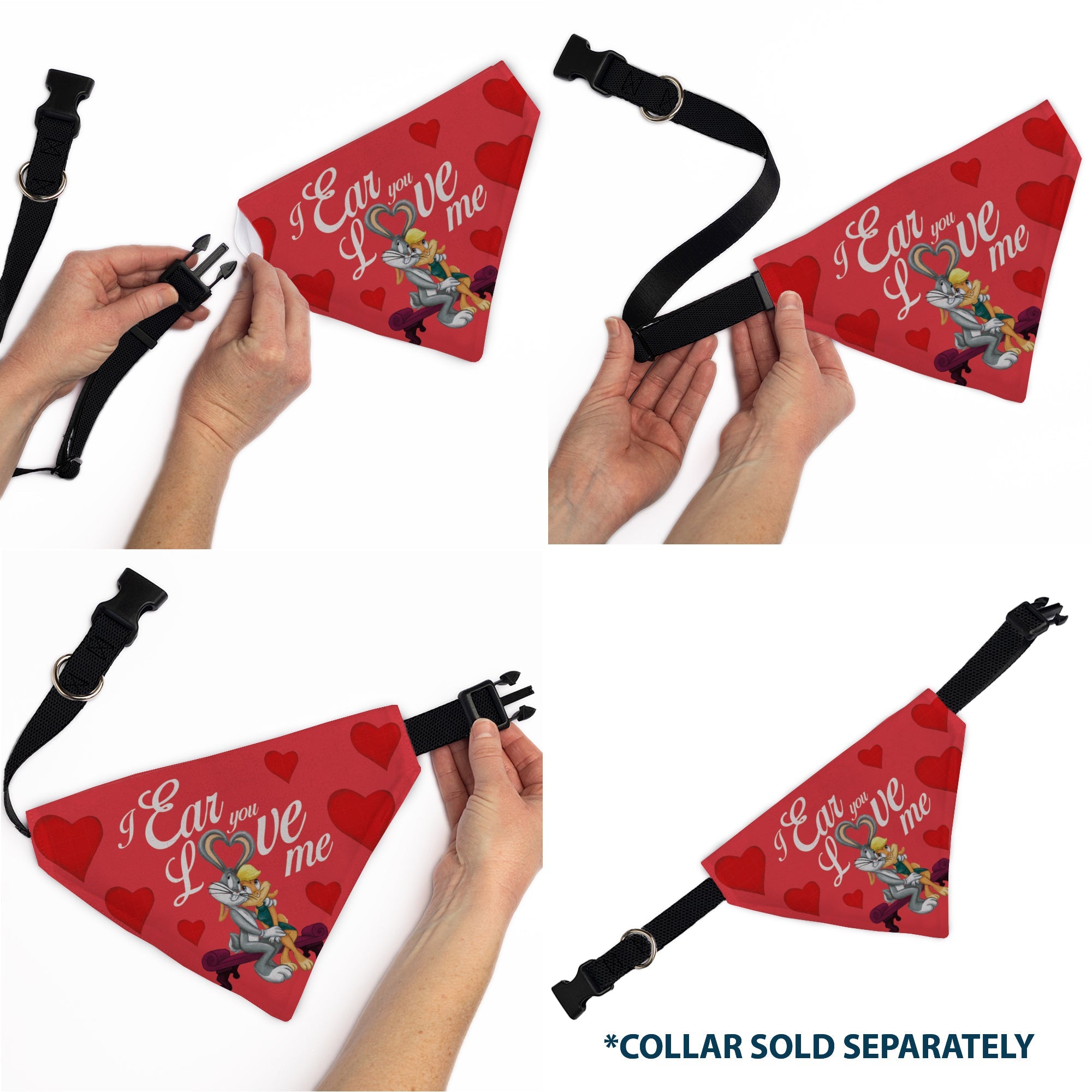 Pet Bandana - Bugs Bunny and Lola Bunny I EAR YOU LOVE ME Pose Hearts and Title Logo Reds