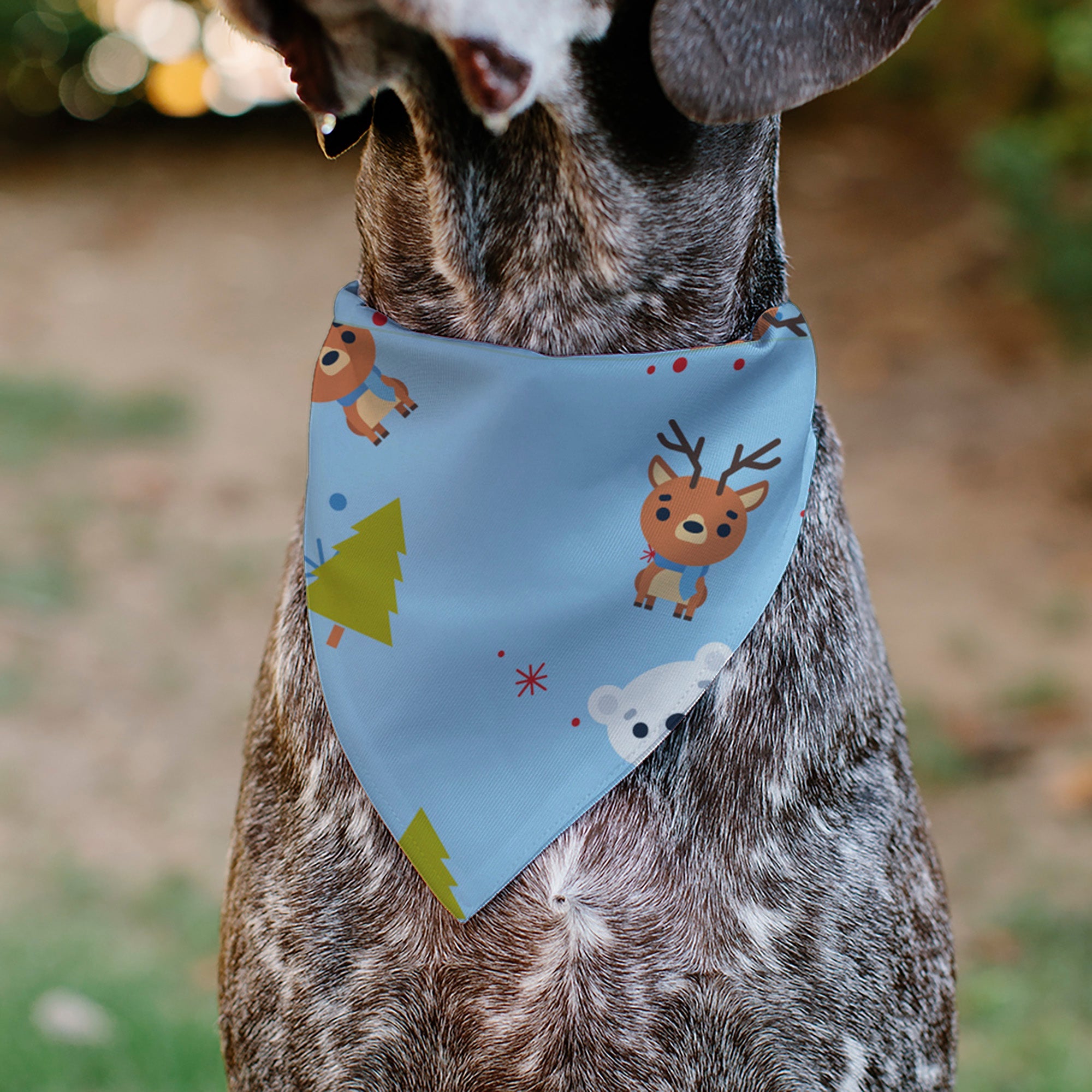 Pet Bandana - Holiday Winter Animals and Christmas Trees Collage Baby Blue