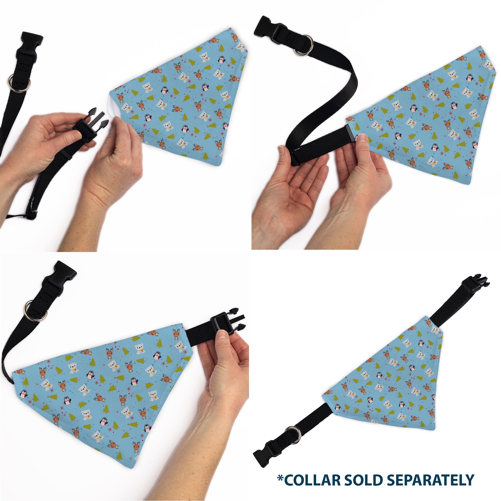 Pet Bandana - Holiday Winter Animals and Christmas Trees Collage Baby Blue