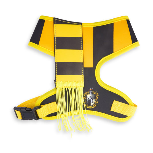 Hogwarts-themed dog harness with yellow and black stripes and fringes on a white background
