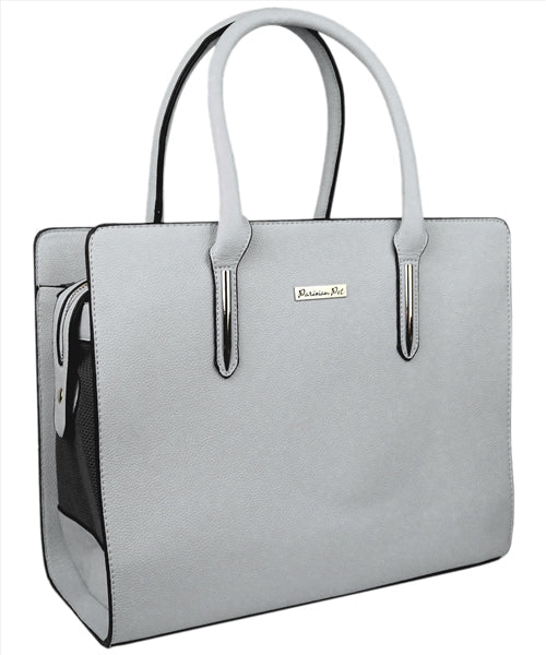 Chic gray Mallorca Carrier by Parisian Pet, designed for small dogs and cats, featuring sturdy handles and a travel-friendly 