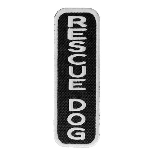 Black rectangular patch with white embroidered text reading "RESCUE DOG" in bold letters.