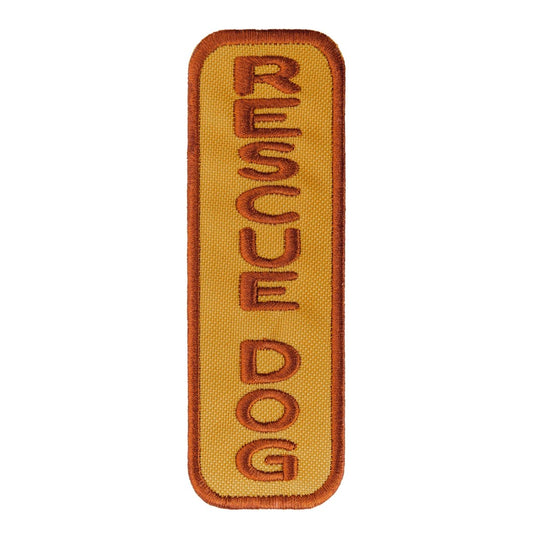 Orange and yellow embroidered patch with the words "RESCUE DOG" prominently displayed.