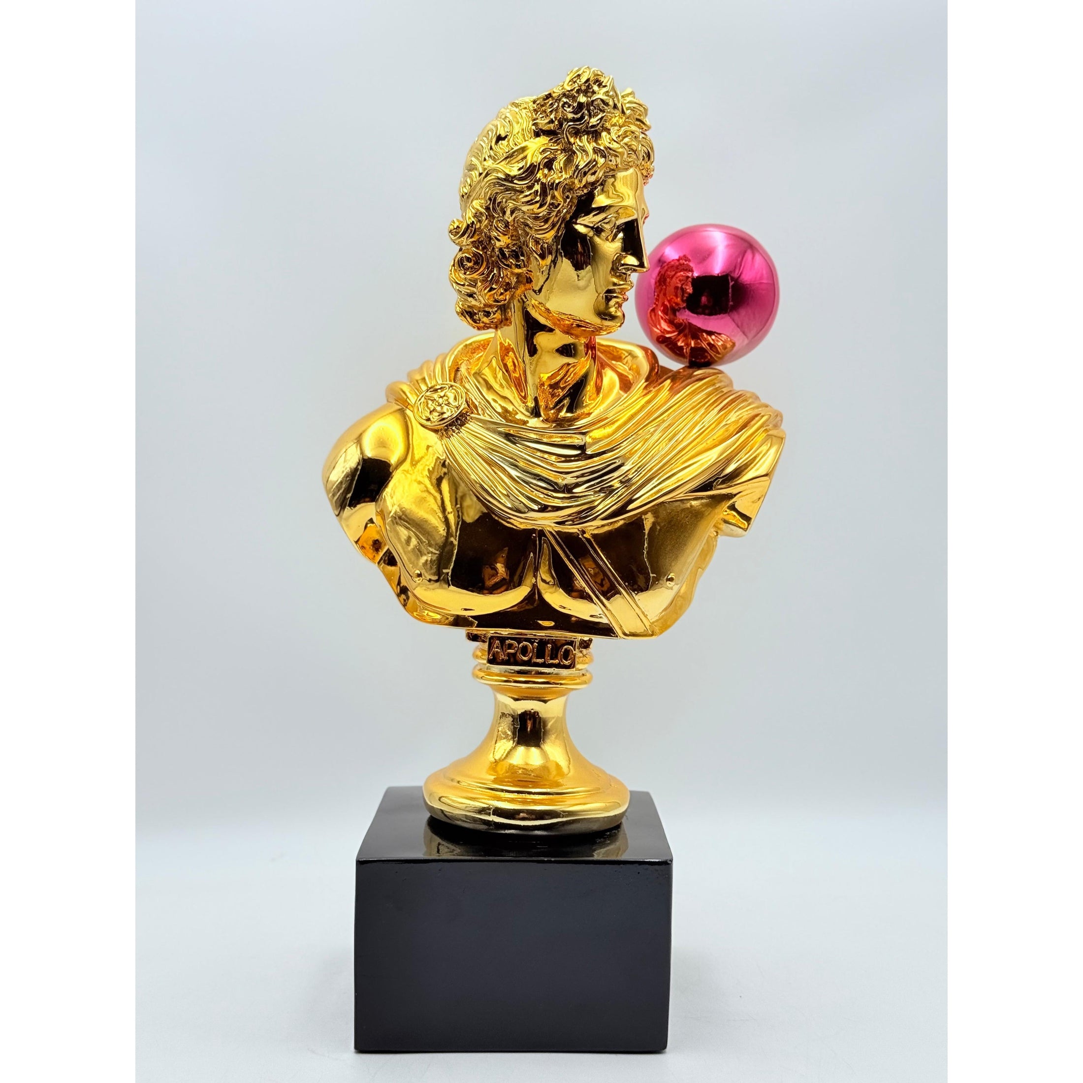 Apollo Sculpture - Gold Chrome with Pink Balloon - gold chrome balloon pink apollo sculpture, luxury bust, product image 2