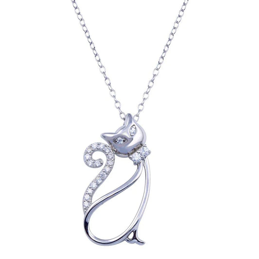 Fancy Cat Silver Chain Necklace by Southlake Paws featuring a cat design adorned with sparkling crystals on a silver chain.
