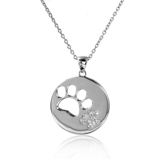 Silver chain necklace featuring a circular pendant with a paw print design and sparkling accents from Southlake Paws.