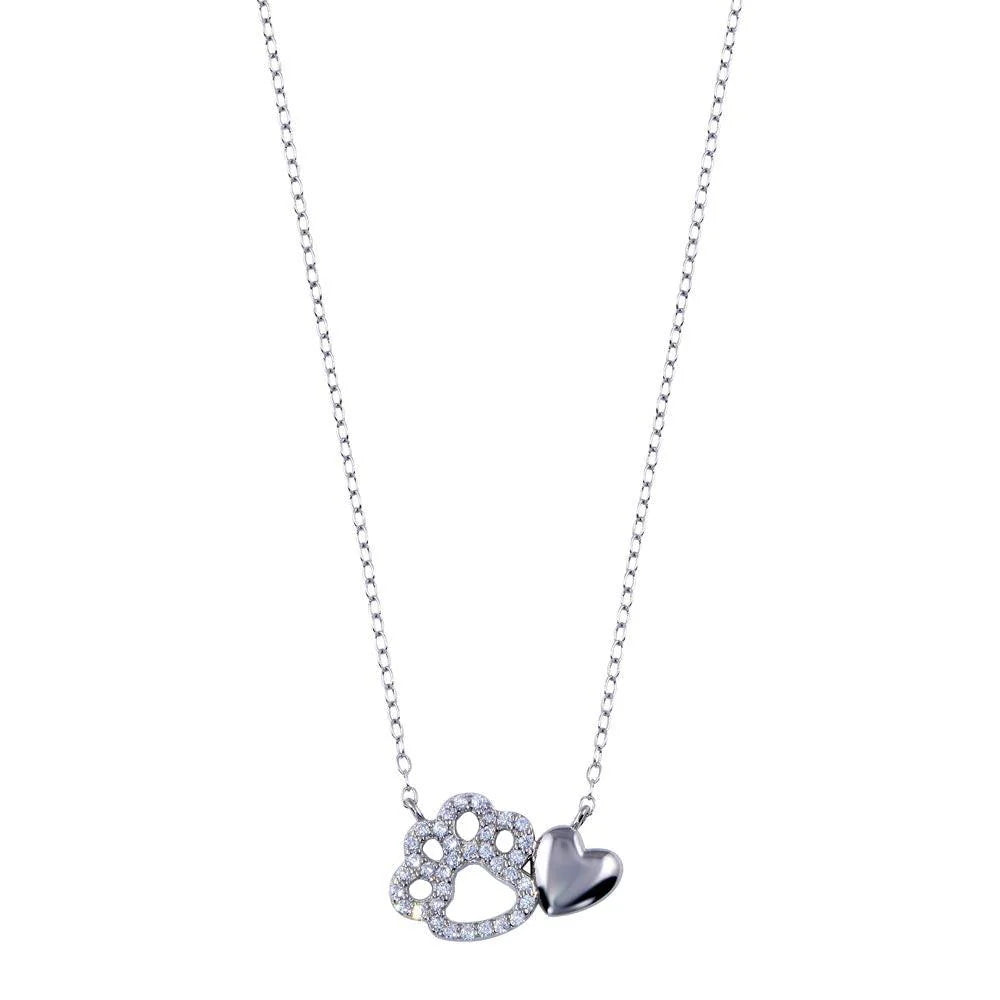 Paw Love Silver Chain Necklace featuring a paw print and heart charm, adorned with sparkling stones on a delicate chain.