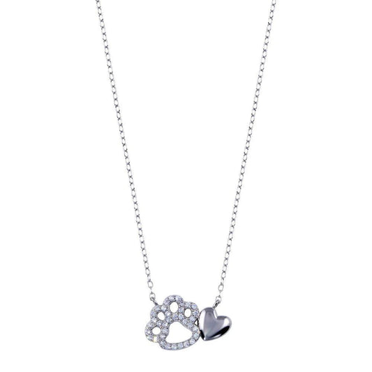 Paw Love Silver Chain Necklace featuring a paw print and heart charm, adorned with sparkling stones on a delicate chain.