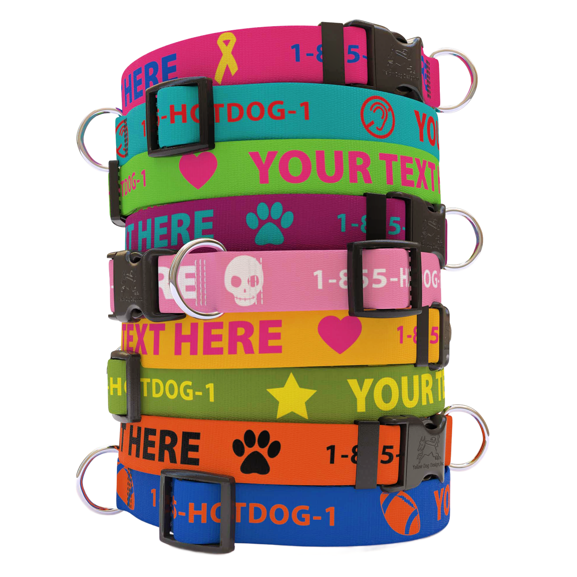 Personalized Solid Colored Collars by Southlake Paws in various colors and designs, featuring customizable text options.