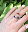 Load image into Gallery viewer, OLIVE & CHAIN Sapphire and Rainbow Halo Ring - Yellow Gold, 5.5
