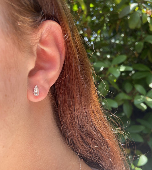 OLIVE & CHAIN Diamond Baguette and Halo Pear Stud Earring