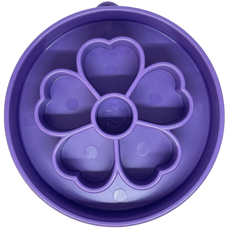 Purple flower-shaped slow feeder dog bowl with deep sections for enrichment. Made in the USA by Southlake Paws.