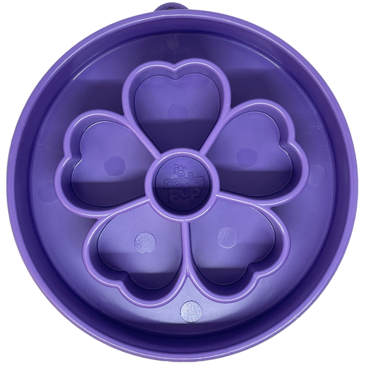 Purple flower-shaped slow feeder dog bowl with deep sections for enrichment. Made in the USA by Southlake Paws.