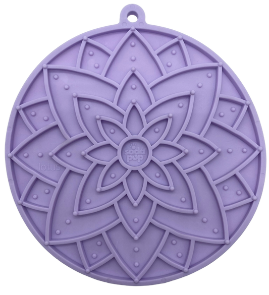 Purple lotus design enrichment lick mat for dogs and cats, featuring suction cups for secure attachment. USA made.