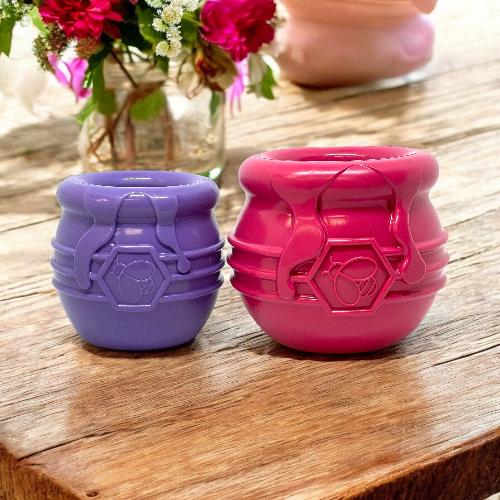 Honey Pot Dog eCup Treat Dispenser in purple and pink, made of durable PUP-X rubber, designed for pet enrichment.