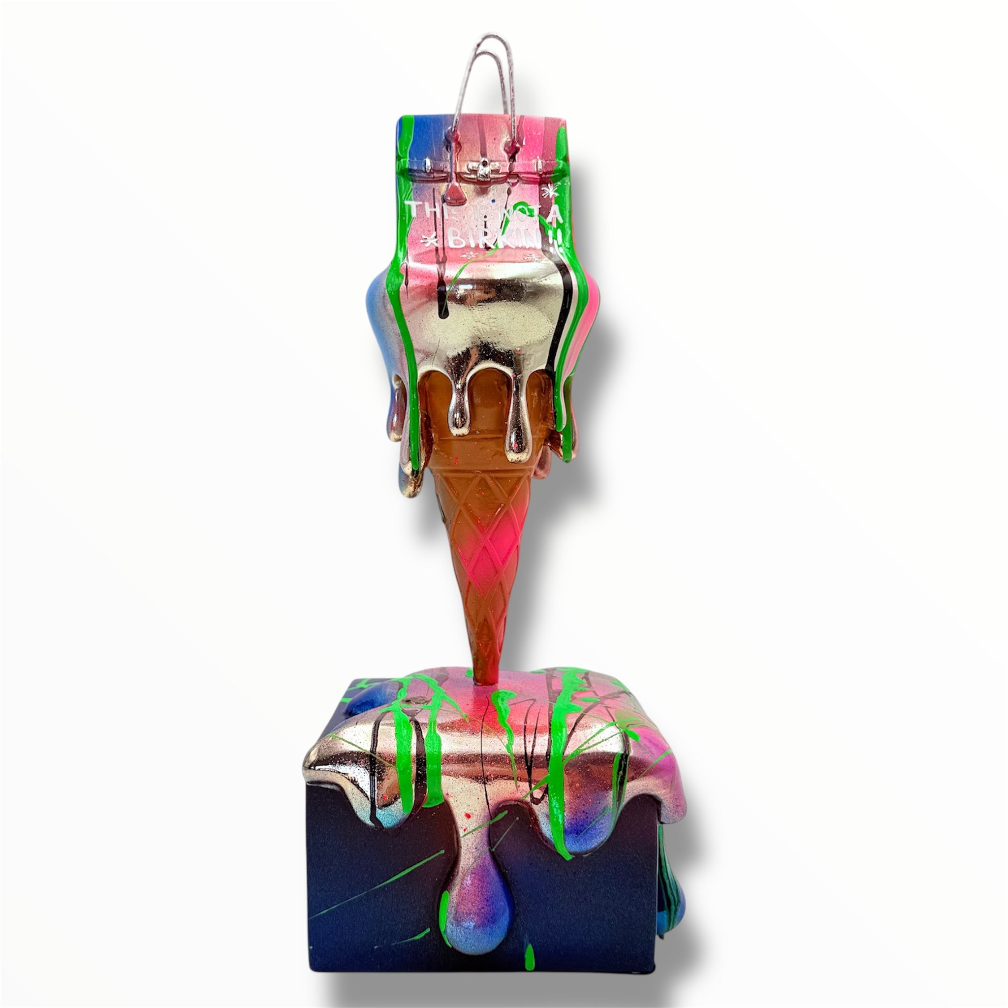 Melty Bag Sculpture - Chrome with Neon Drip Edition - neon chrome drip melty bag sculpture, luxury sculpture, product image 1