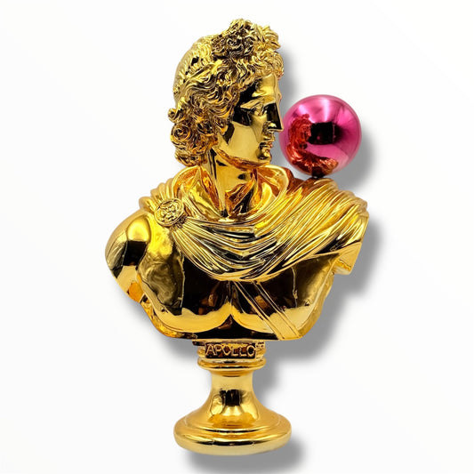 Apollo Sculpture - Gold Chrome with Pink Balloon - gold chrome balloon pink apollo sculpture, luxury bust, product image 1