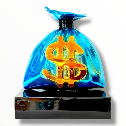 Blue Money Bag Sculpture - Alec Monopoly Inspired Pop Art Decor - pop art alec monopoly blue money bag sculpture, luxury…