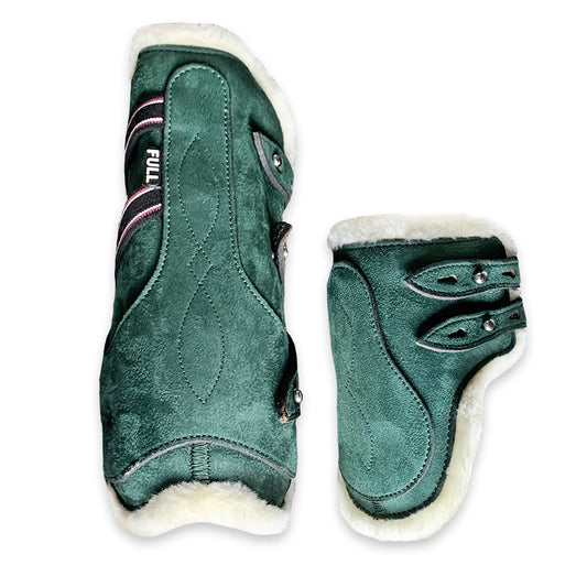 Southlake Paws Pine Grove Open-front Boots in green with plush lining and adjustable straps for comfort and fit.
