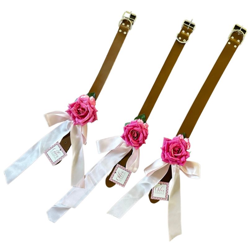 Pink Rose on Tan Leather Large Dog Wedding Collar - Handmade - Southlake Paws