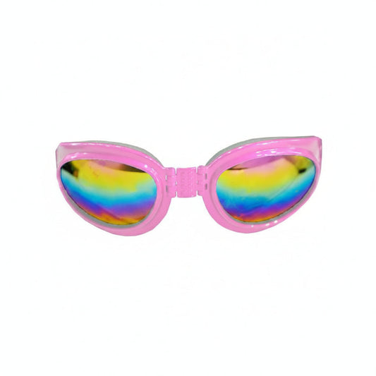 K9 Sport Shades by Southlake Paws, pink dog goggles with colorful mirrored lenses for UV protection.