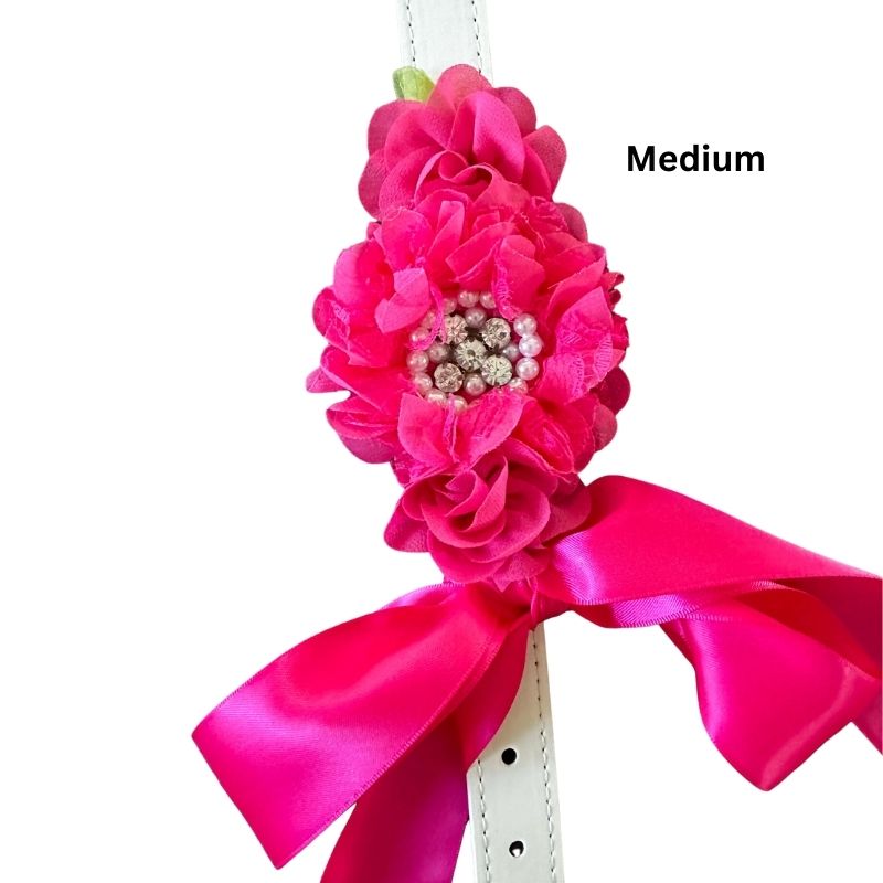 Hot Pink Silk Flowers Wedding Dog Collar - Handmade