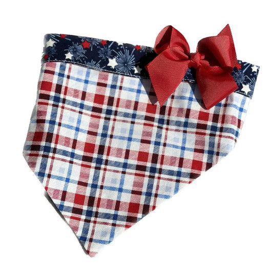 Plaid and Stars Bandana Dog Collar With Bow - Southlake Paws