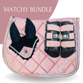 Load image into Gallery viewer, Powder Pink Suede Saddle Pad Set by Southlake Paws, featuring a saddle pad, ear bonnet, and protective boots.
