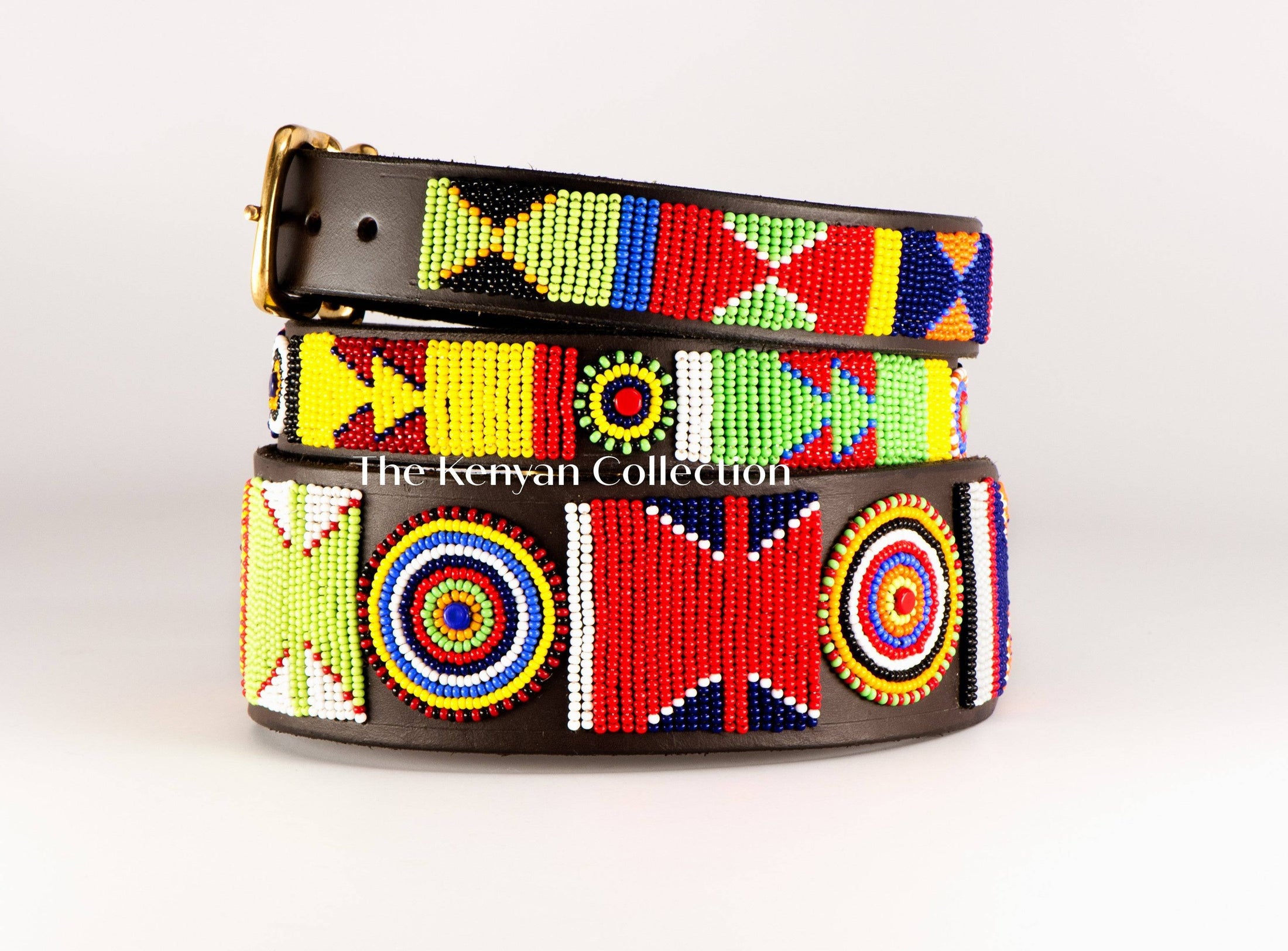 Colorful TKC Primary Beaded Dog Collar by Southlake Paws featuring intricate beadwork and a sturdy leather base.