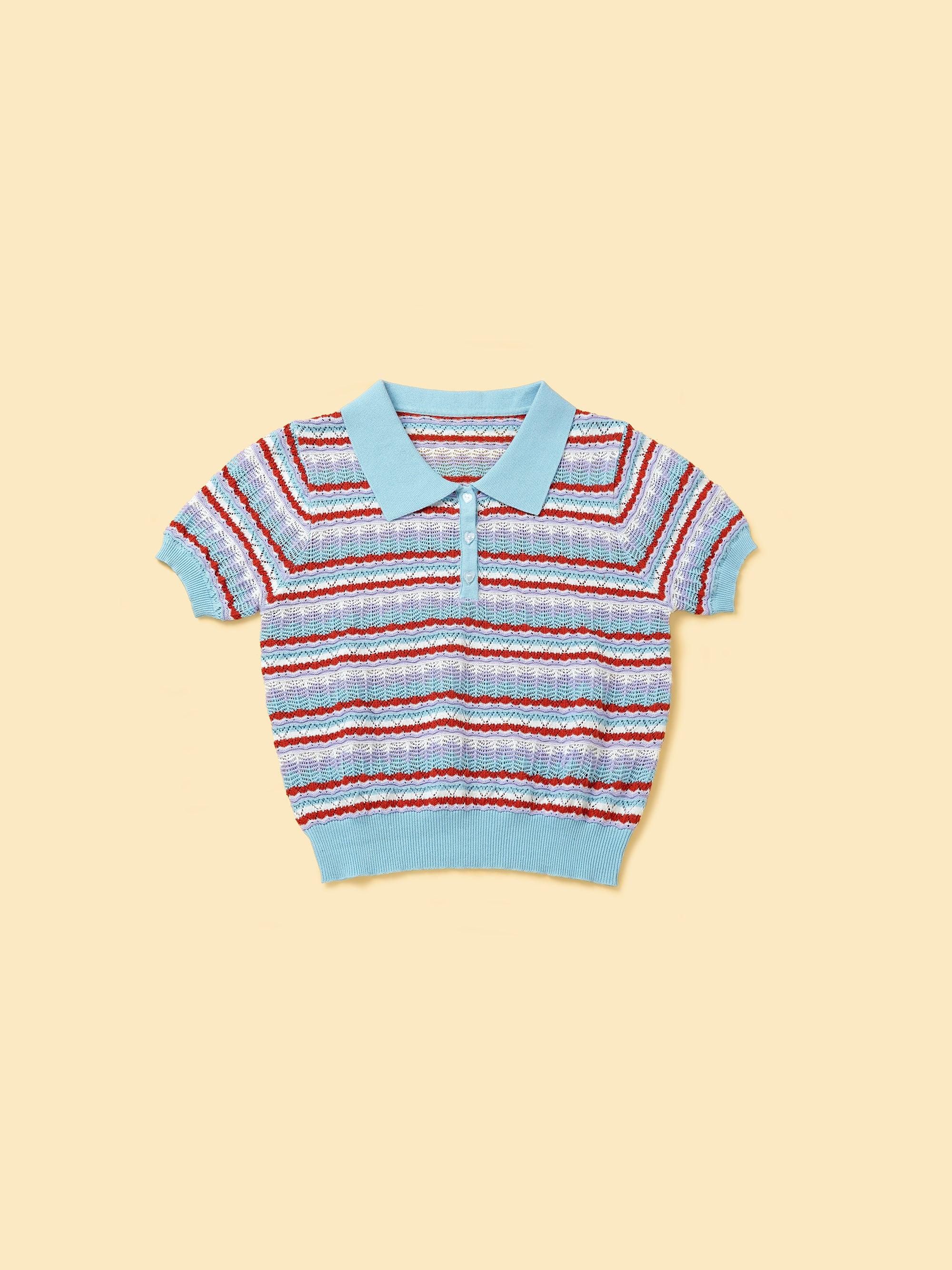 Blue ocean crochet short sleeve polo shirt with colorful striped pattern for pets by Southlake Paws. Perfect for spring and s