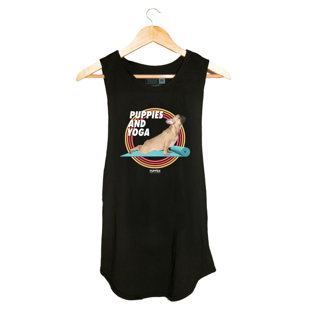 Black sleeveless tank top featuring a graphic of a dog on a yoga mat with the text "Puppies and Yoga." Ideal gift for dog lov