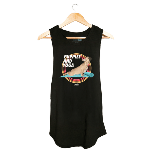 Black sleeveless tank top featuring a graphic of a dog on a yoga mat with the text "Puppies and Yoga." Ideal gift for dog lov
