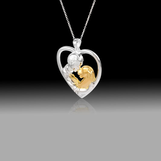Boy and Dog Necklace- 925 Sterling Silver Two Tone Piece