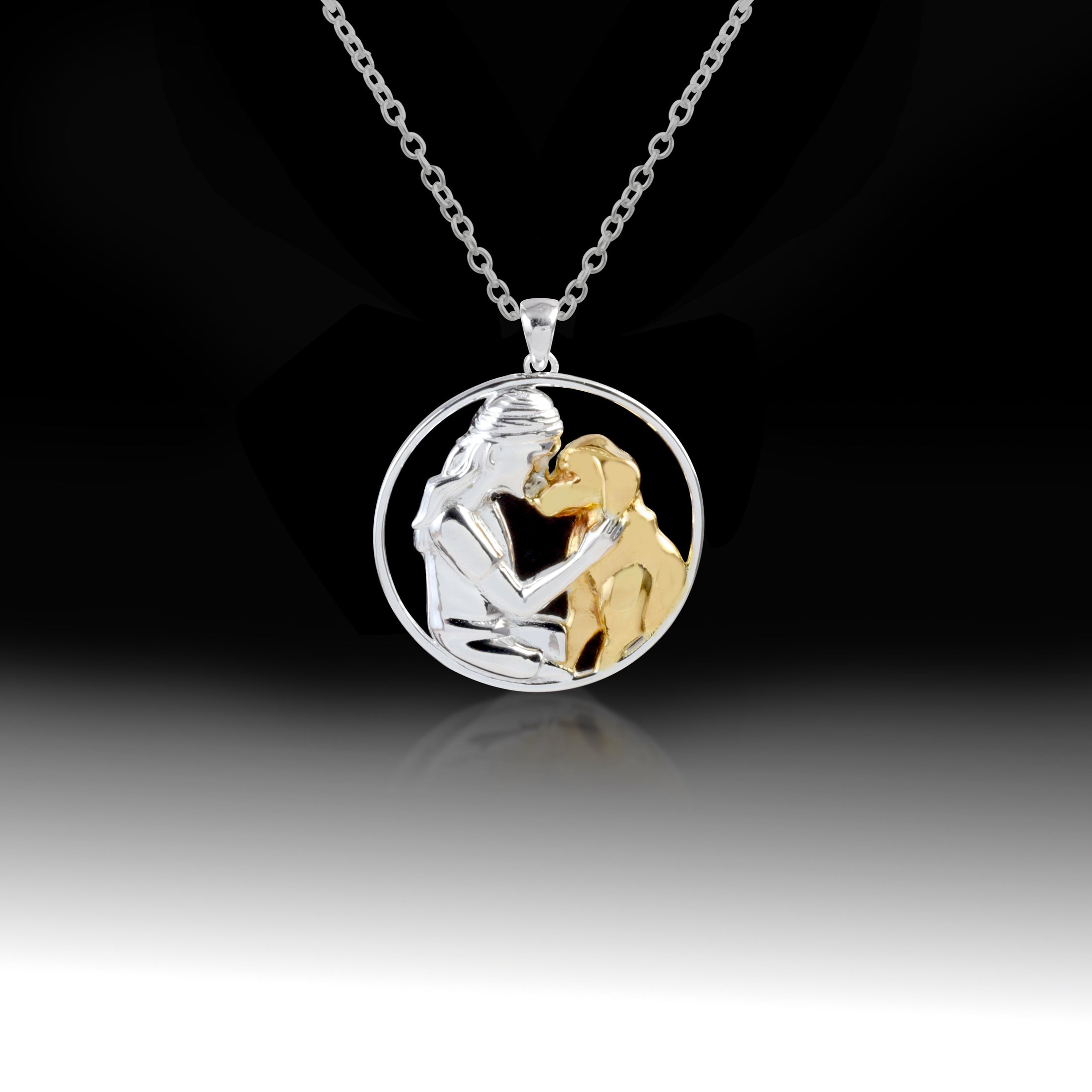 Girl Hugging Dog Necklace- 925 Sterling Silver Two Toned Piece