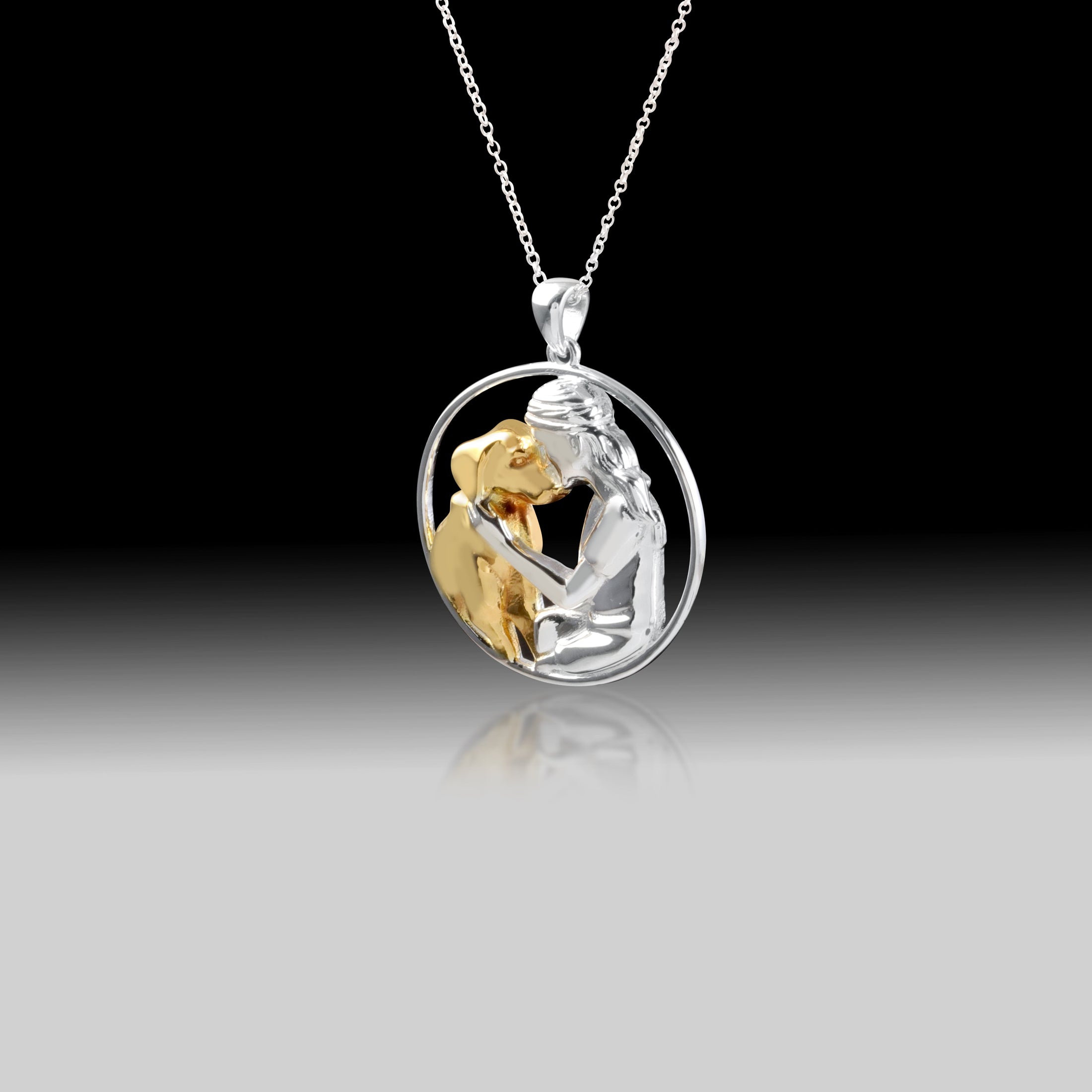 Girl Hugging Dog Necklace- 925 Sterling Silver Two Toned Piece