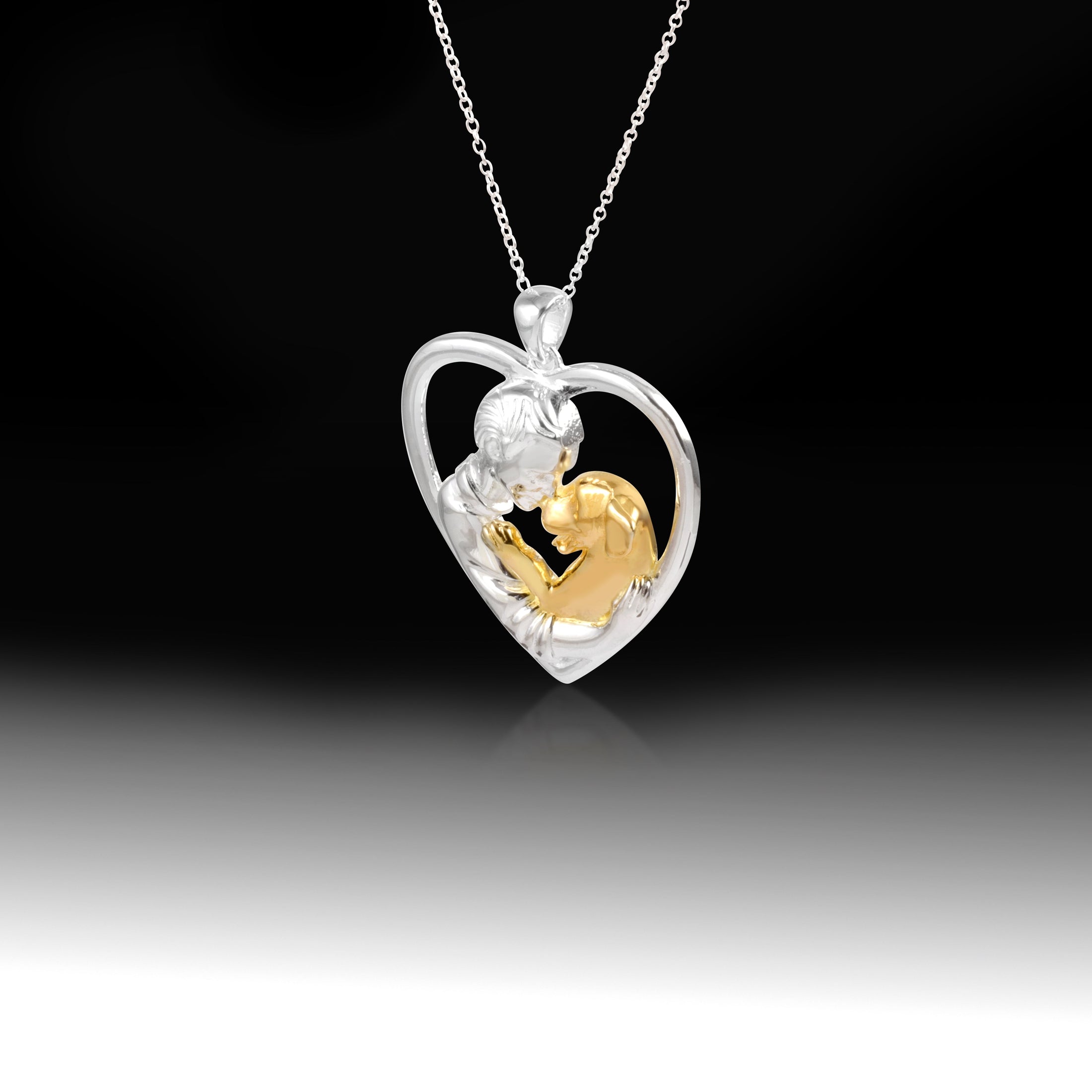 Boy and Dog Necklace- 925 Sterling Silver Two Tone Piece